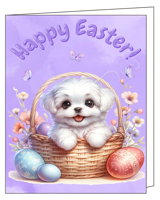 Happy Easter maltese 4 Greeting Cards, Spring Holiday Notecards Blank Inside Envelopes Included, Unique Easter Egg Cards for Dog Lovers