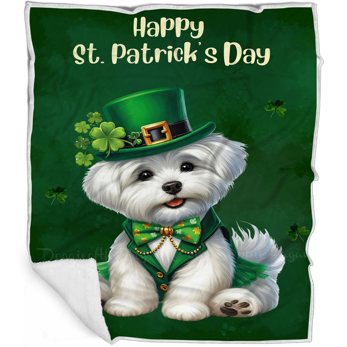 Maltese St. Patrick's Irish Dog Blanket, Irish Woof Warmth, Fleece, Woven, Sherpa Blankets, Puppy with Hats, Gifts for Pet Lovers