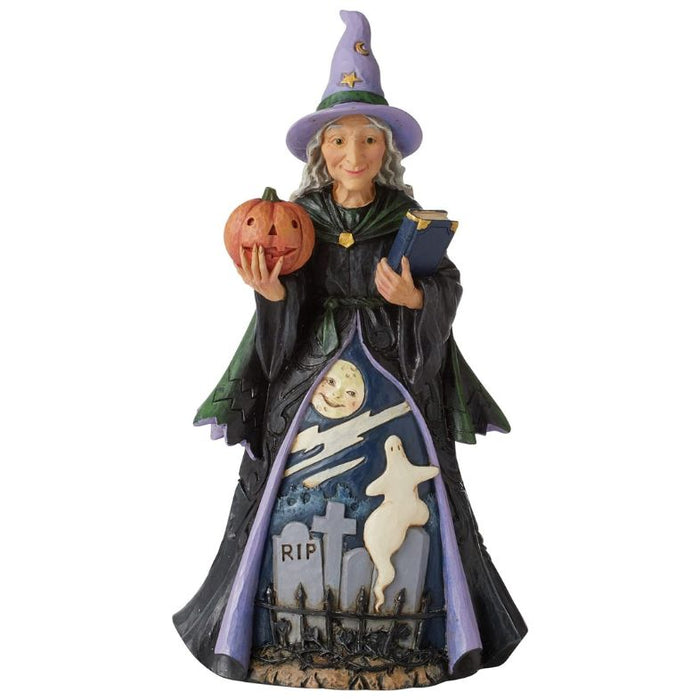Enesco Jim Shore Heartwood Creek Halloween Witch with Pumpkin and Graveyard Scene Figurine, 8.66 Inch, Multicolor,Purple