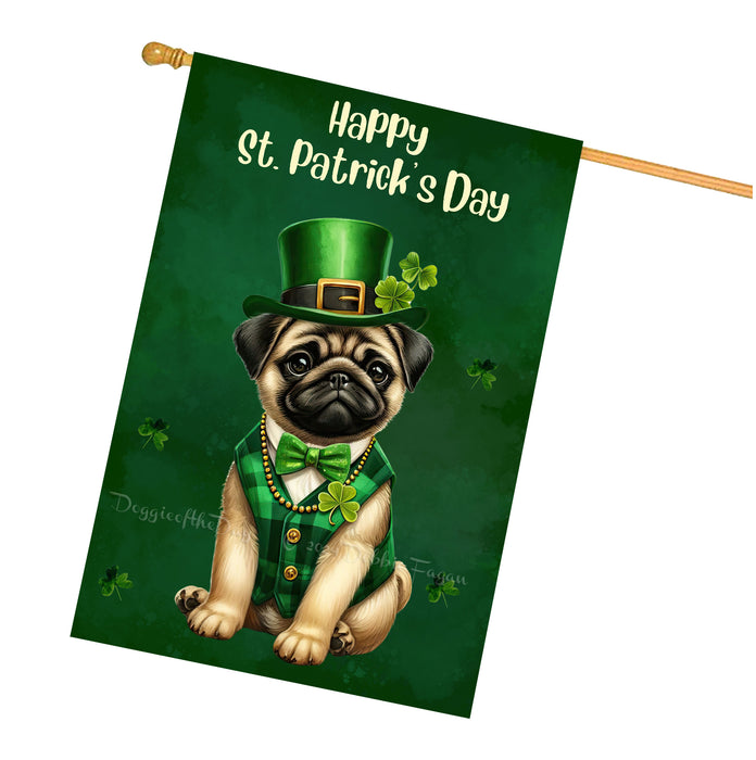 Pug Dog St Patricks Day House Flag 28 x 40 Irish Clover Lucky Outdoor Home Decor Gift