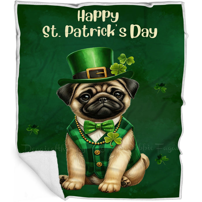 Pug St. Patrick's Irish Dog Blanket, Irish Woof Warmth, Fleece, Woven, Sherpa Blankets, Puppy with Hats, Gifts for Pet Lovers