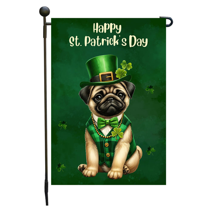 Pug Dog St Patricks Day Garden Flag 12 x 18 Inch Shamrock Clover Yard Decor