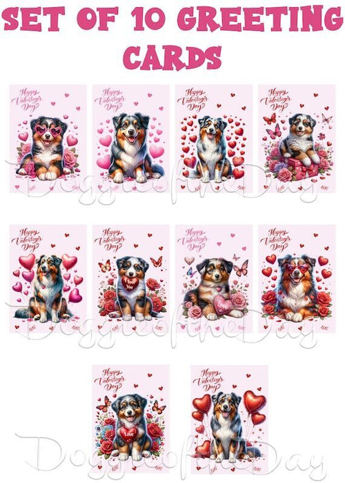 Australian Shepherd Valentine's Day Greeting Card and Note Card with Envelopes -Set of 10 Greeting Cards