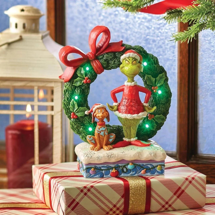 Dr. Seuss Grinch by Jim Shore Grinch and Max Standing by Wreath Lit Figurine NIB