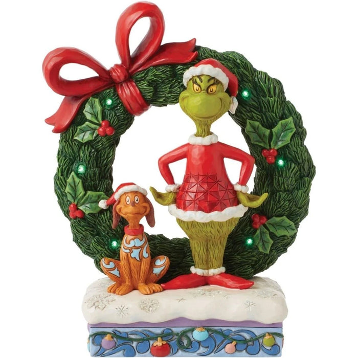 Dr. Seuss Grinch by Jim Shore Grinch and Max Standing by Wreath Lit Figurine NIB