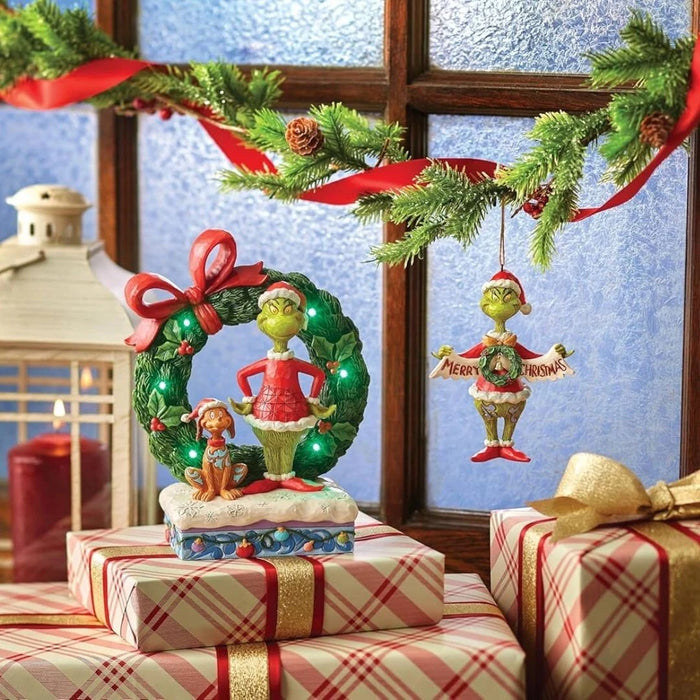 Dr. Seuss Grinch by Jim Shore Grinch and Max Standing by Wreath Lit Figurine NIB