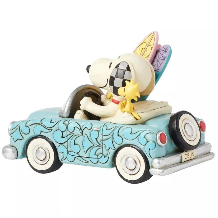 Jim Shore Peanuts Snoopy with Woodstock Surfing Board Driving To Beach, NIB