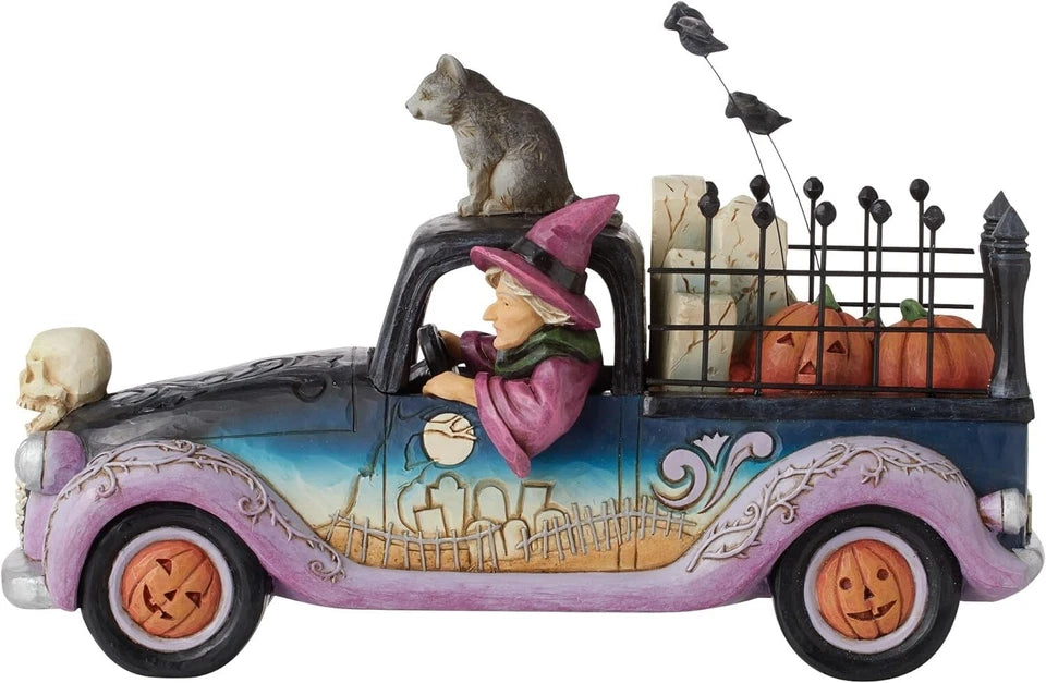 Jim Shore Halloween Pickup Truck Witch with Cat and Bats, NIB NEW