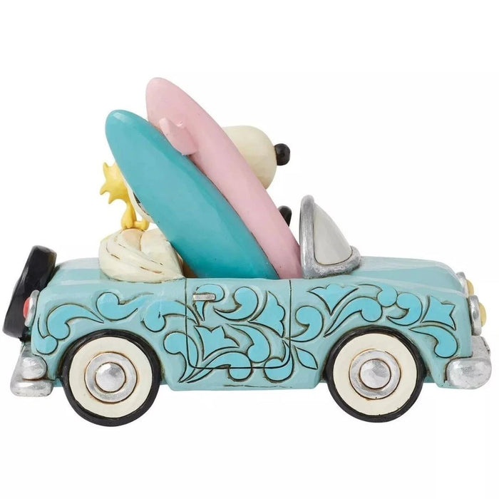 Jim Shore Peanuts Snoopy with Woodstock Surfing Board Driving To Beach, NIB