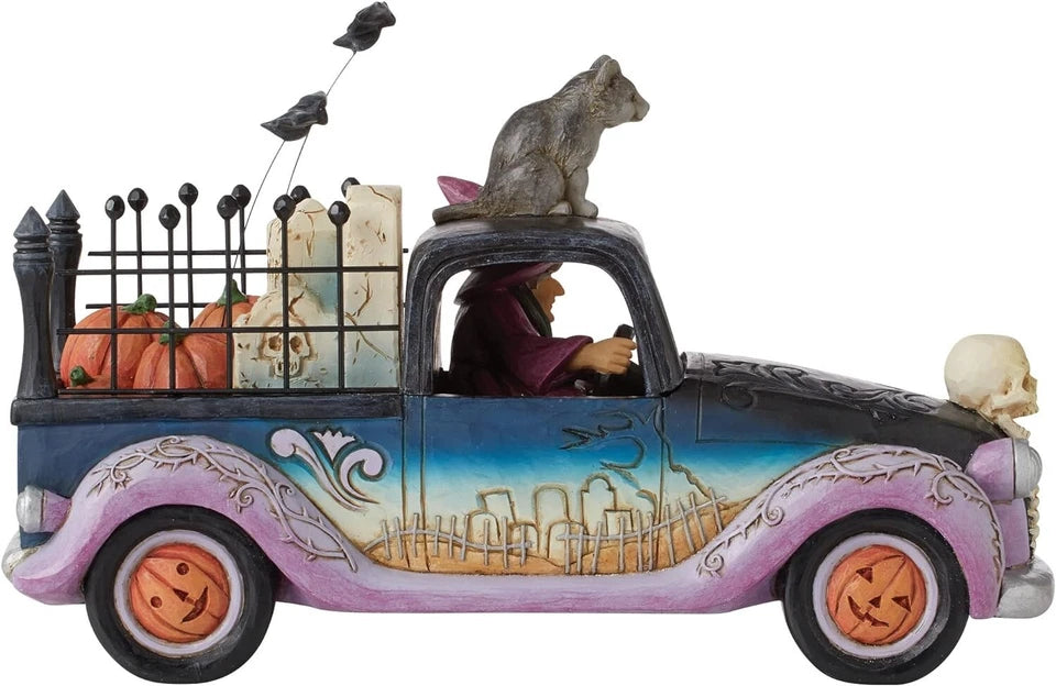Jim Shore Halloween Pickup Truck Witch with Cat and Bats, NIB NEW