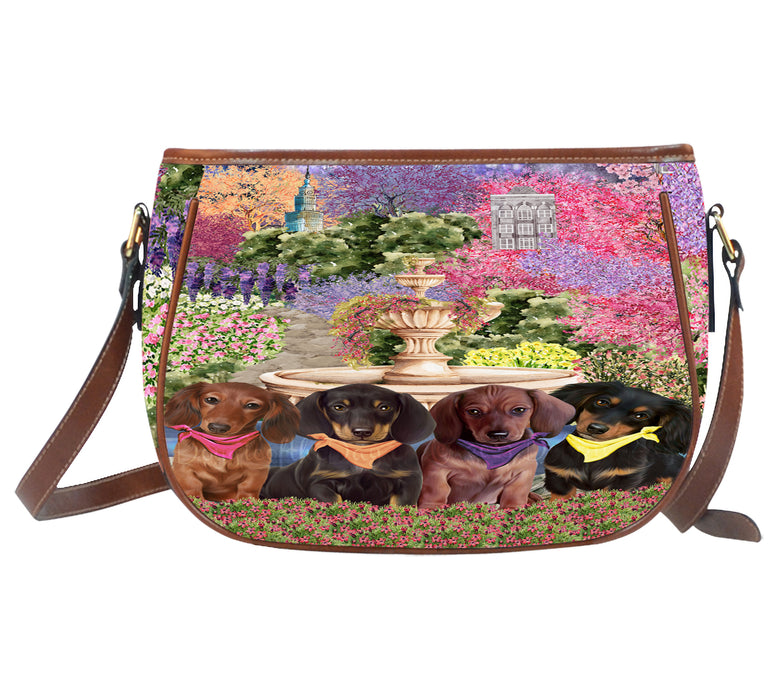 Floral Park Dachshund Dog on Saddle Bag