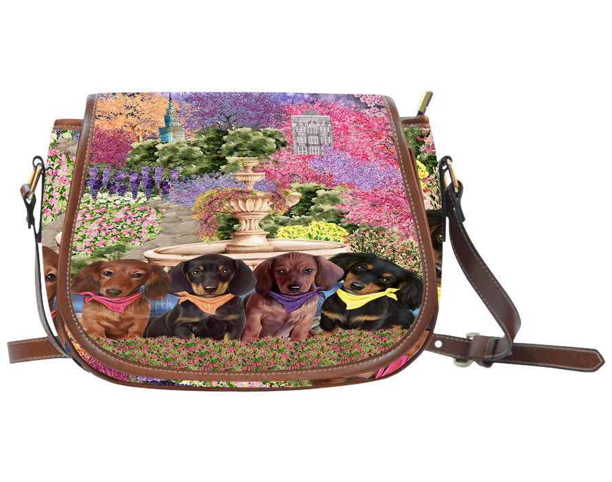 Floral Park Dachshund Dog on Saddle Bag