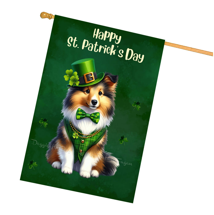 Shetland Sheepdog St. Patrick's Day Irish Doggy House Flags, Irish Decor, Pup Haven, Green Flag Design, Double Sided,Paddy Pet Fest