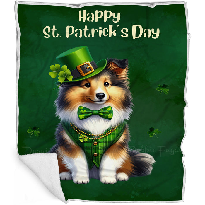 Shetland Sheepdog St. Patrick's Irish Dog Blanket, Irish Woof Warmth, Fleece, Woven, Sherpa Blankets, Puppy with Hats, Gifts for Pet Lovers
