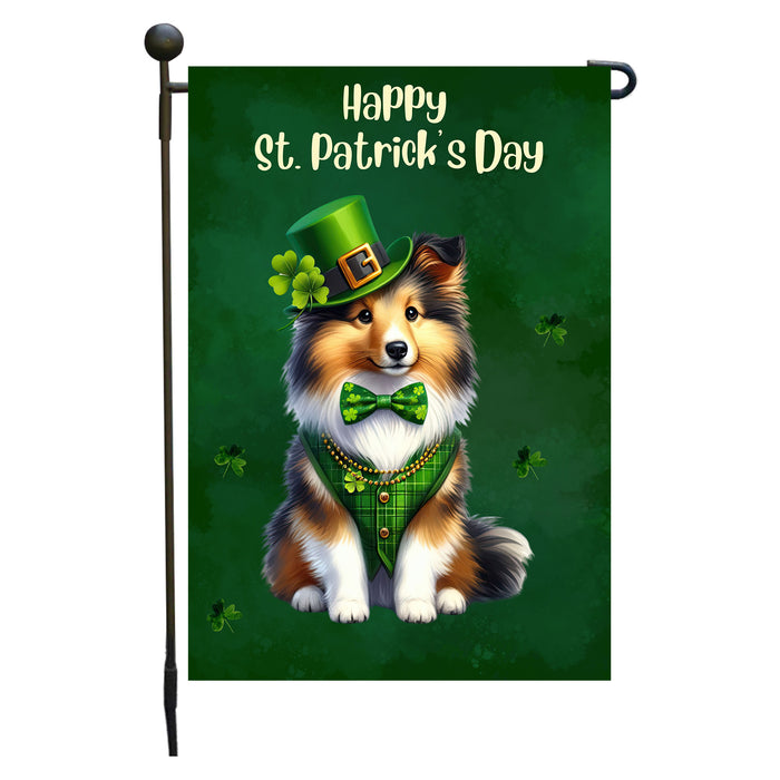 Shetland Sheepdog St. Patrick's Day Irish Dog Garden Flag, Paddy's Day Party Decor, Green Design, Pet Gift, Double Sided, Irish Doggy Delight