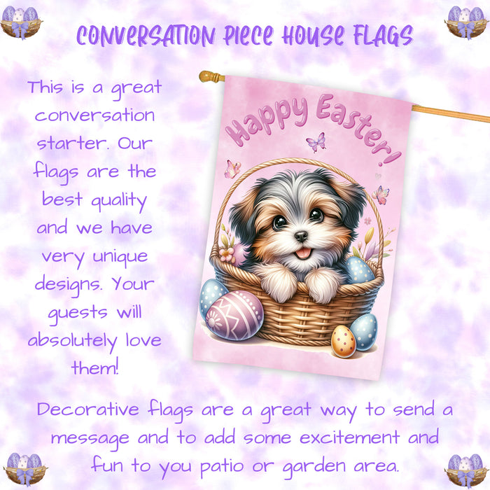 Shih Tzu Easter Dog House Flag With Eggs Spring Home Decoration Gifts for Dad 28x40 Inch Double-Sided