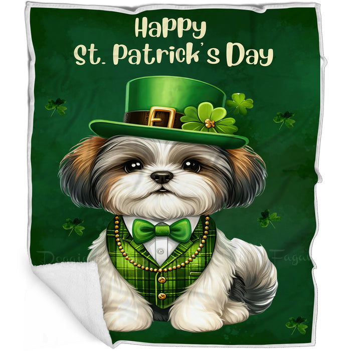 Shih Tzu St. Patrick's Irish Dog Blanket, Irish Woof Warmth, Fleece, Woven, Sherpa Blankets, Puppy with Hats, Gifts for Pet Lovers