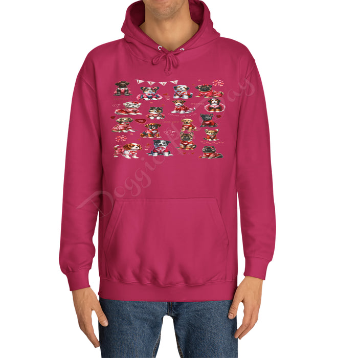 Valentine's Day Pink Sweatshirt with Dogs, Hoodie for Woman, Dogs with Roses, I Love You Candy Hearts, Puppy in Outfit, Plus Sizes, Gifts