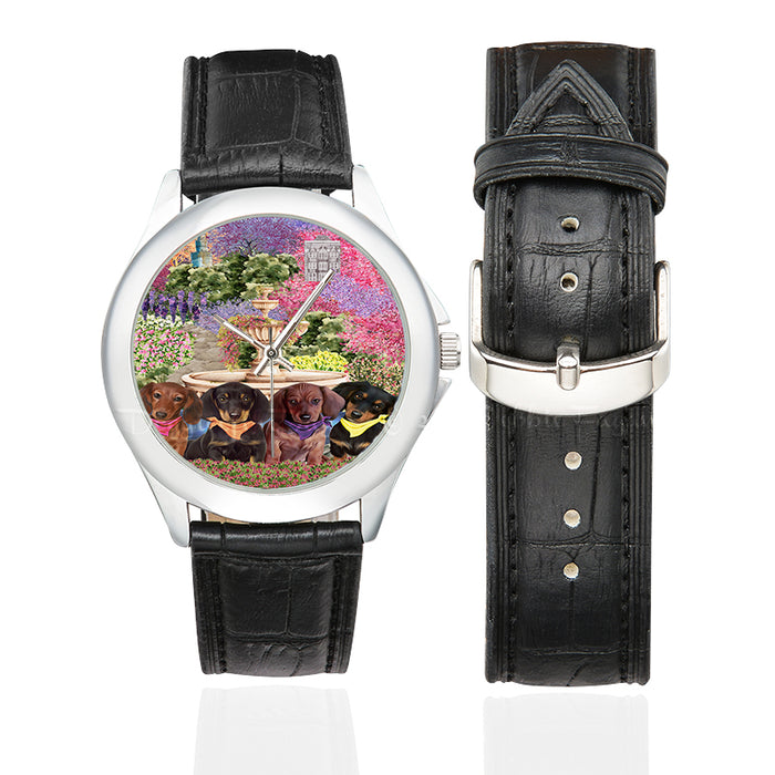 Floral Park Dachshund Dog on Women's Classic Leather Strap Watch