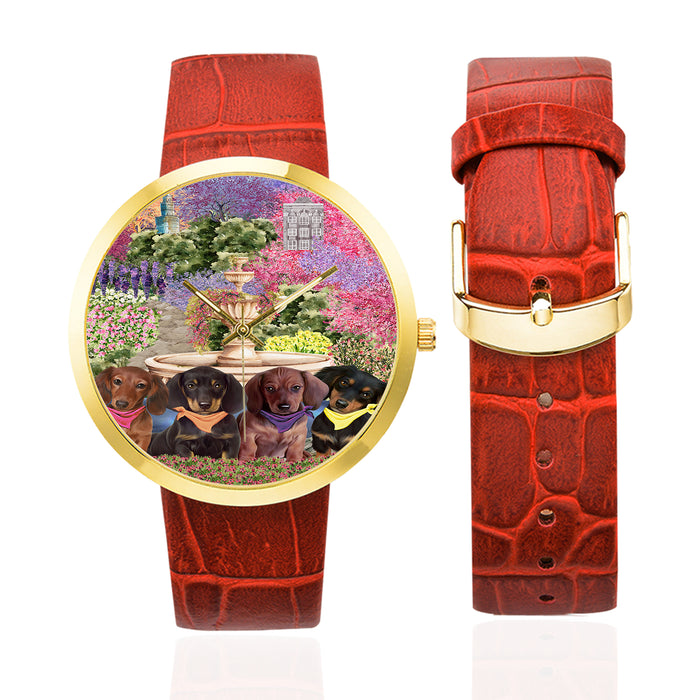 Floral Park Dachshund Dog on Women's Golden Leather Strap Watch