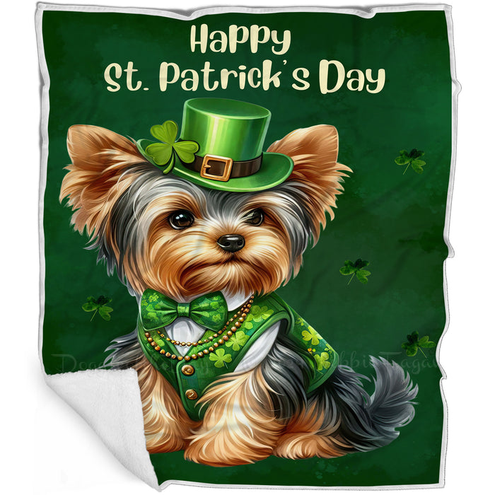 Yorkshire Terrier St. Patrick's Irish Dog Blanket, Irish Woof Warmth, Fleece, Woven, Sherpa Blankets, Puppy with Hats, Gifts for Pet Lovers