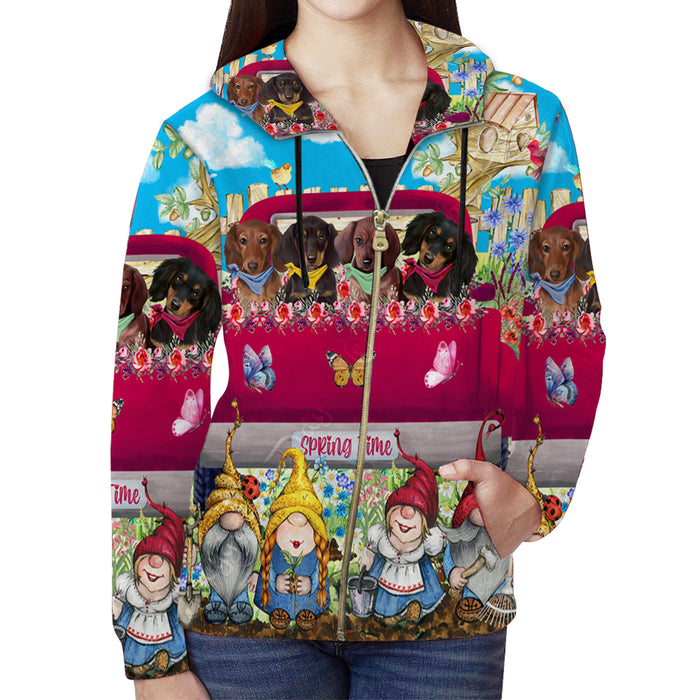 Dachshund Dogs Flower Explosion with Gnomes Pink Truck on Full Zip Women's Hoodie