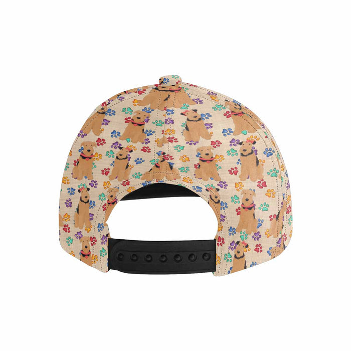 Women's All Over Rainbow Paw Print Airedale Dog Snapback Hat Cap