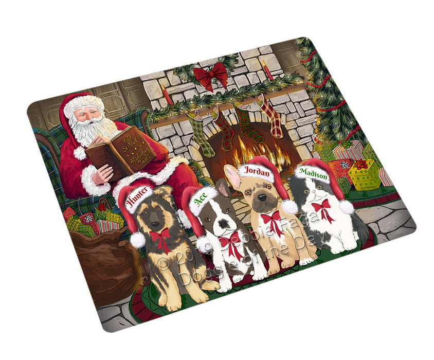 Custom Personalized Cartoonish Pet Photo and Name on Cutting Baord in Christmas Fire Holiday Tails Background