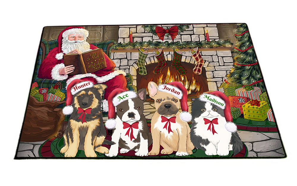Custom Personalized Cartoonish Pet Photo and Name on Floormat in Fire Holiday Tails Background