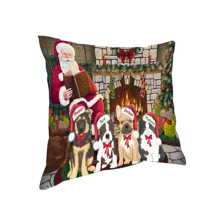 Custom Personalized Cartoonish Pet Photo and Name on Pillow in Christmas Fire Holiday Tails Background