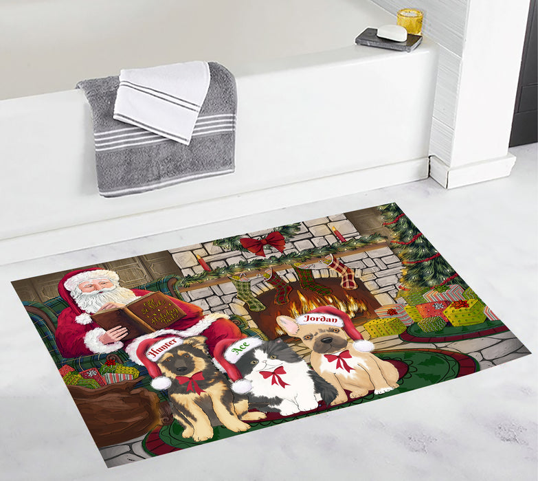Custom Personalized Cartoonish Pet Photo and Name on Bath Mat in Fire Holiday Tails Background