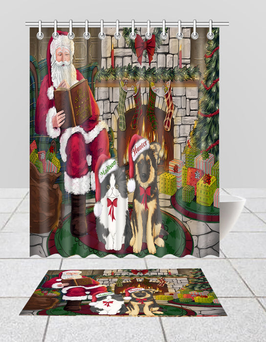 Custom Personalized Cartoonish Pet Photo and Name on Shower Curtain & Bath Mat Combo in Christmas Fire Holiday Tails Background