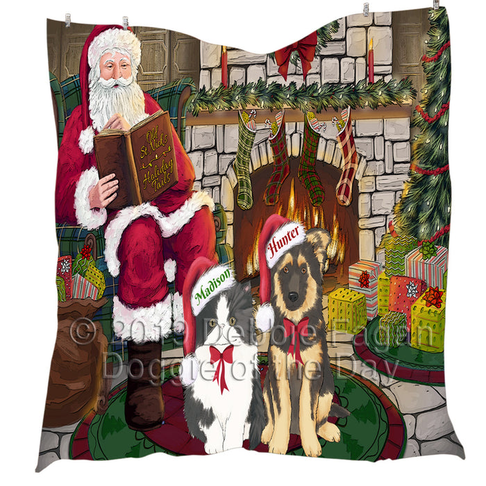 Custom Personalized Cartoonish Pet Photo and Name on Quilt in Fire Holiday Tails Background