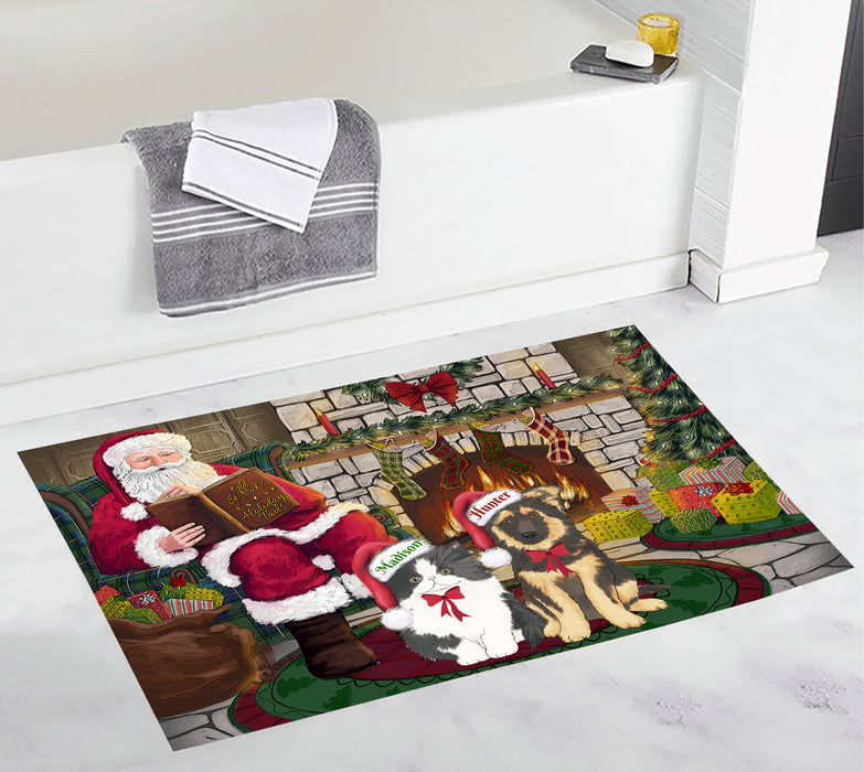 Custom Personalized Cartoonish Pet Photo and Name on Bath Mat in Fire Holiday Tails Background