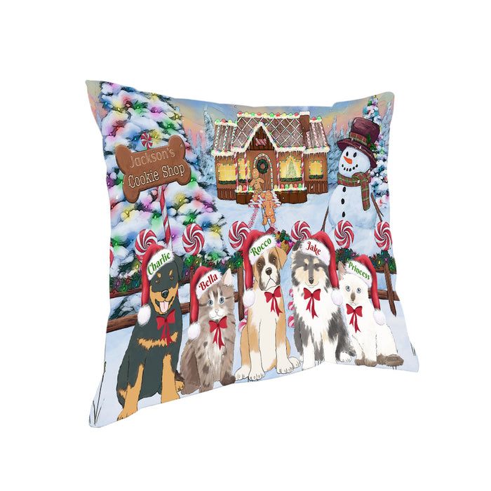 Custom Personalized Cartoonish Pet Photo and Name on Pillow in Christmas Gingerbread Cookie Shop Background
