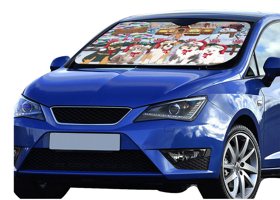 Custom Personalized Cartoonish Pet Photo and Name on Car Sun Shade in Christmas Gingerbread Cookie Shop Background
