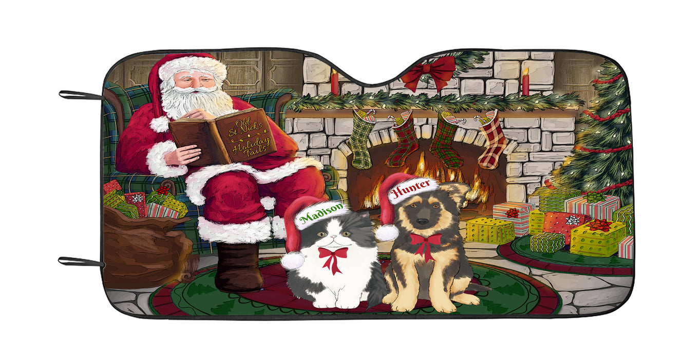 Custom Personalized Cartoonish Pet Photo and Name on Car Sun Shade in Christmas Fire Holiday Tails Background