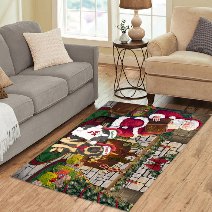 Custom Personalized Cartoonish Pet Photo and Name on Area Rug in Christmas Fire Holiday Tails Background