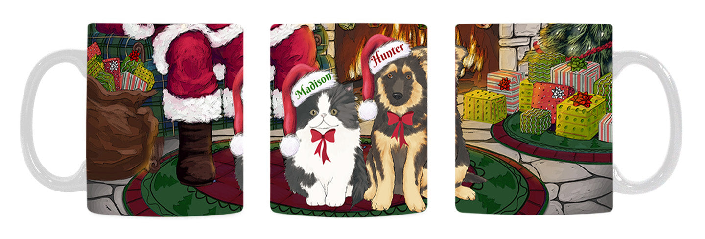 Custom Personalized Cartoonish Pet Photo and Name on Coffee Mug in Fire Holiday Tails Background