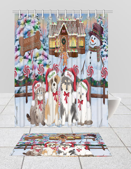 Custom Personalized Cartoonish Pet Photo and Name on Shower Curtain & Bath Mat Combo in Christmas Gingerbread Cookie Shop Background