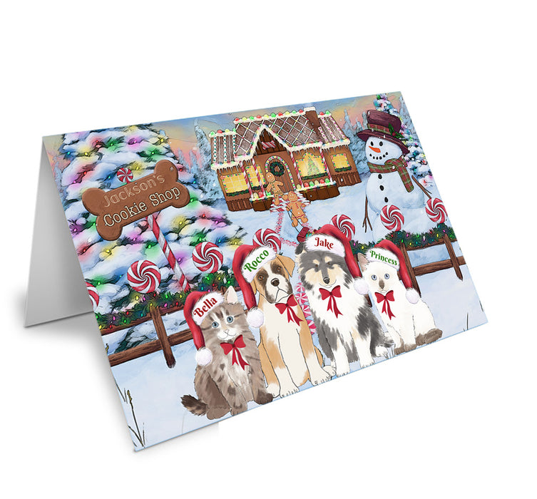 Custom Personalized Cartoonish Pet Photo and Name on Handmade Artwork Assorted Pets Greeting Cards and Note Cards with Envelopes for All Occasions and Holiday Seasons in Gingerbread Cookie Shop Background
