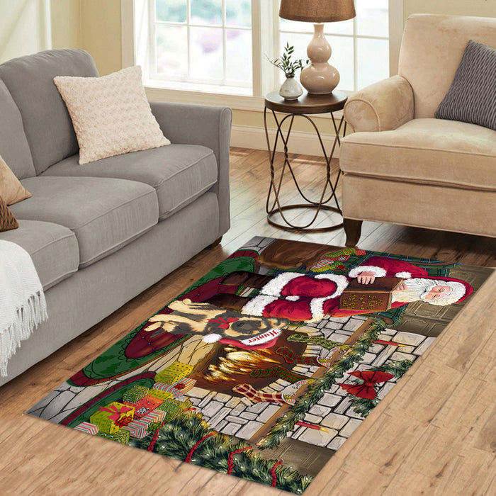 Custom Personalized Cartoonish Pet Photo and Name on Area Rug in Christmas Fire Holiday Tails Background