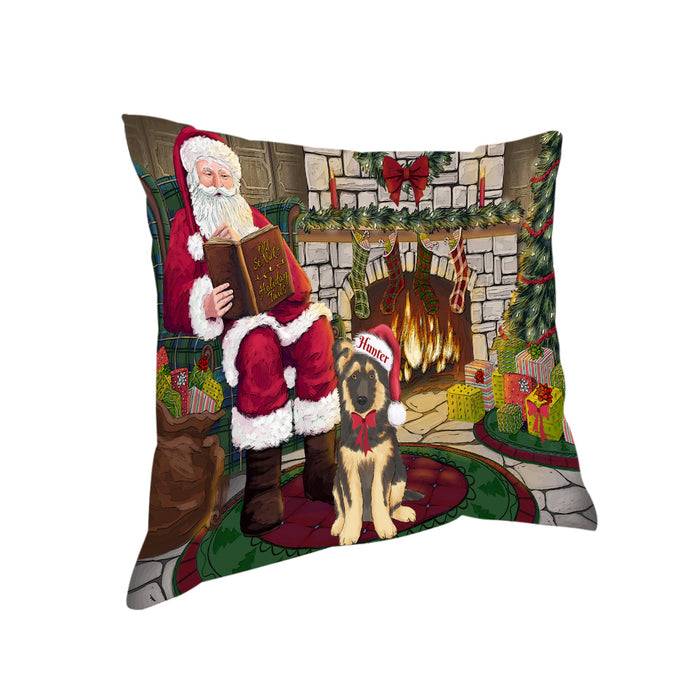Custom Personalized Cartoonish Pet Photo and Name on Pillow in Christmas Fire Holiday Tails Background