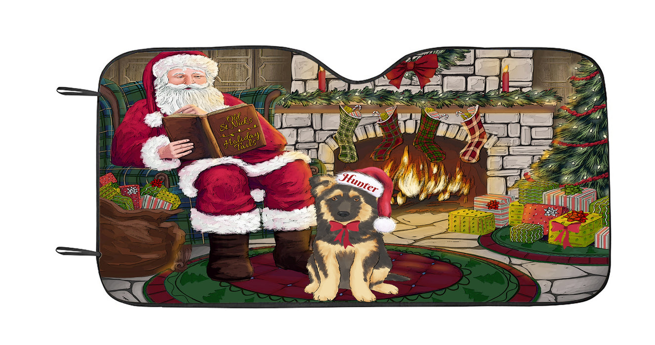 Custom Personalized Cartoonish Pet Photo and Name on Car Sun Shade in Christmas Fire Holiday Tails Background
