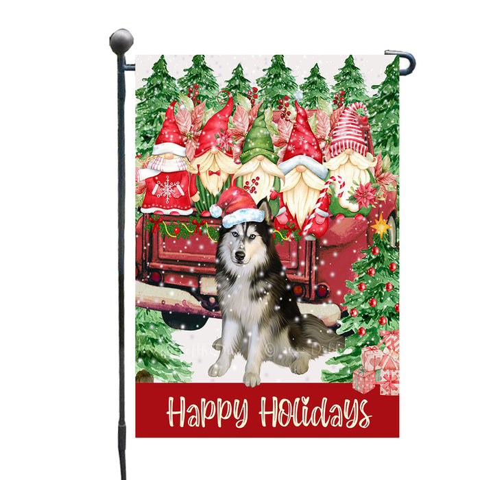 Jolly Red Truck Gnomes Siberian Husky Dogs Garden Flags - Outdoor Double Sided Garden Yard Porch Lawn Spring Decorative Vertical Home Flags 12 1/2"w x 18"h AA11