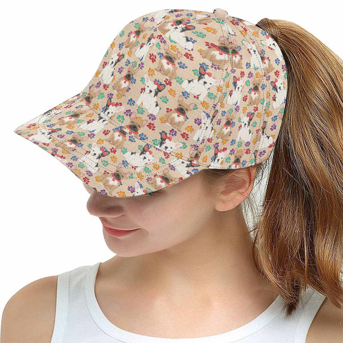 Women's All Over Rainbow Paw Print French Bulldog Snapback Hat Cap