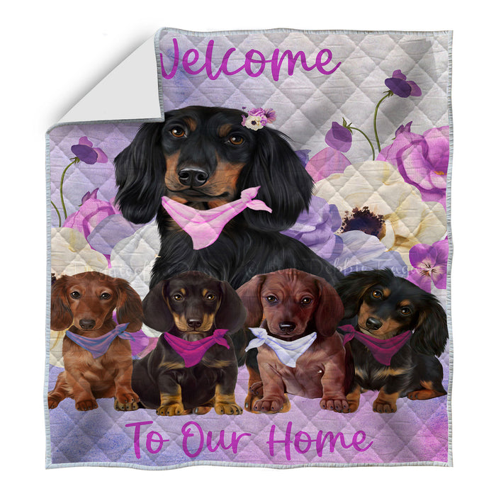 Multicolored Floral Dachshund Dogs Quilt Bed Coverlet Bedspread - Pets Comforter Unique One-side Animal Printing - Soft Lightweight Durable Washable Polyester Quilt AA12