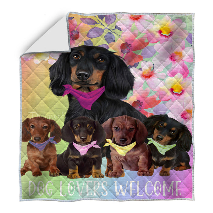Multicolored Floral Dachshund Dogs Quilt Bed Coverlet Bedspread - Pets Comforter Unique One-side Animal Printing - Soft Lightweight Durable Washable Polyester Quilt AA12