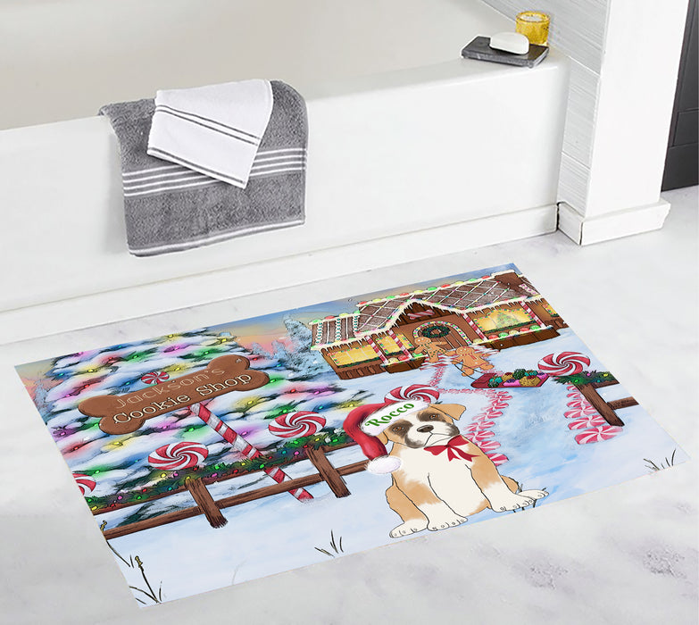 Custom Personalized Cartoonish Pet Photo and Name on Bath Mat in Gingerbread Cookie Shop Background