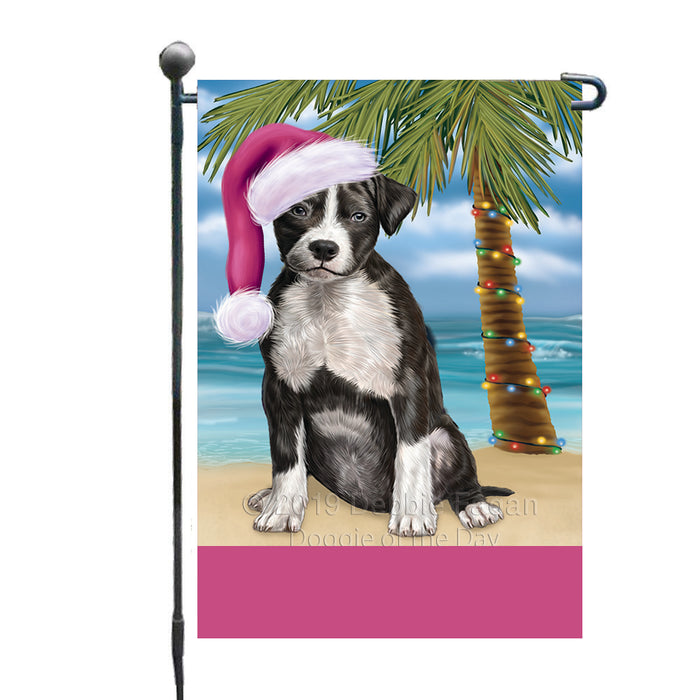 Personalized Summertime Happy Holidays Christmas American Staffordshire Dog on Tropical Island Beach  Custom Garden Flags GFLG-DOTD-A60357